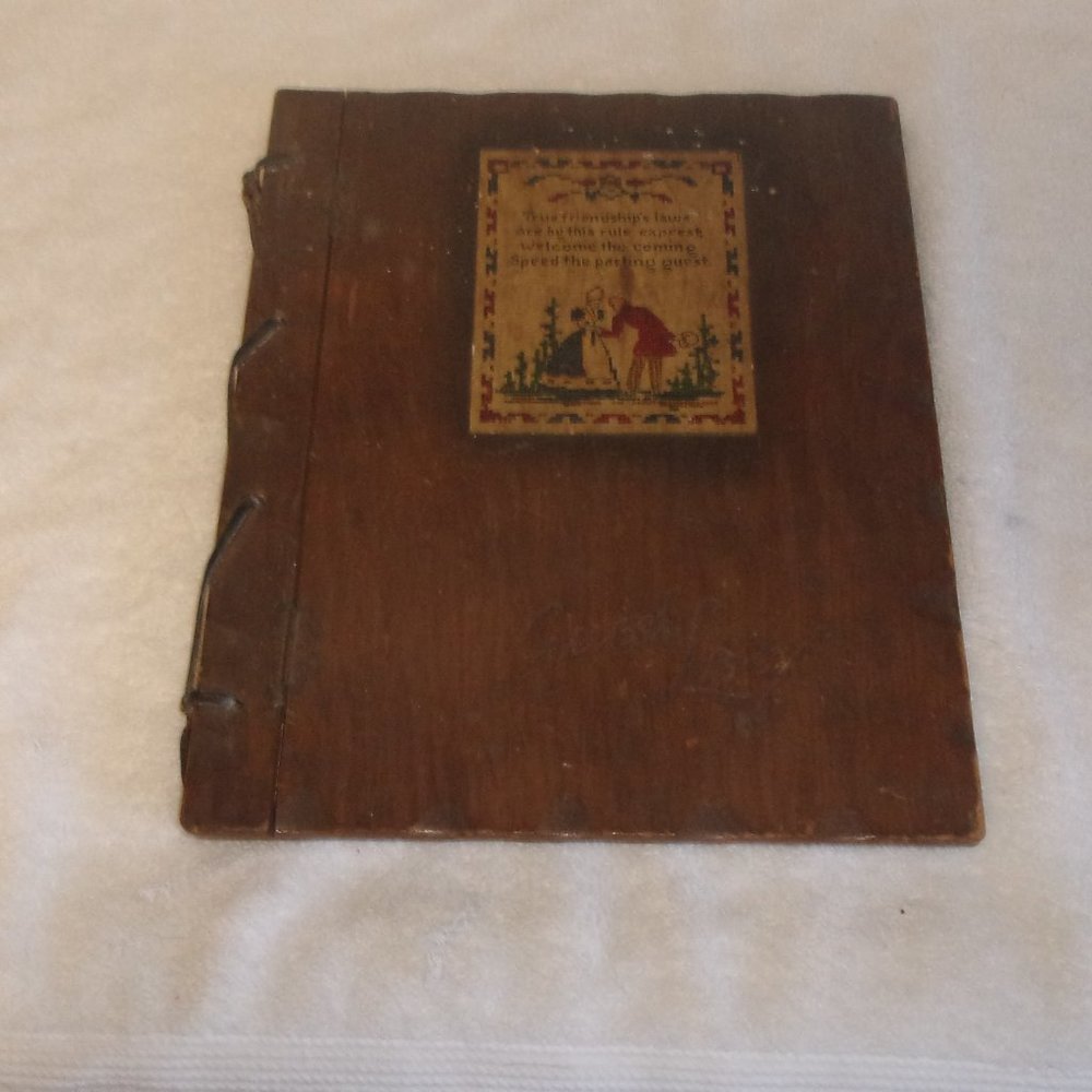Vintage Three Mountaineers guest log register wood cover moto